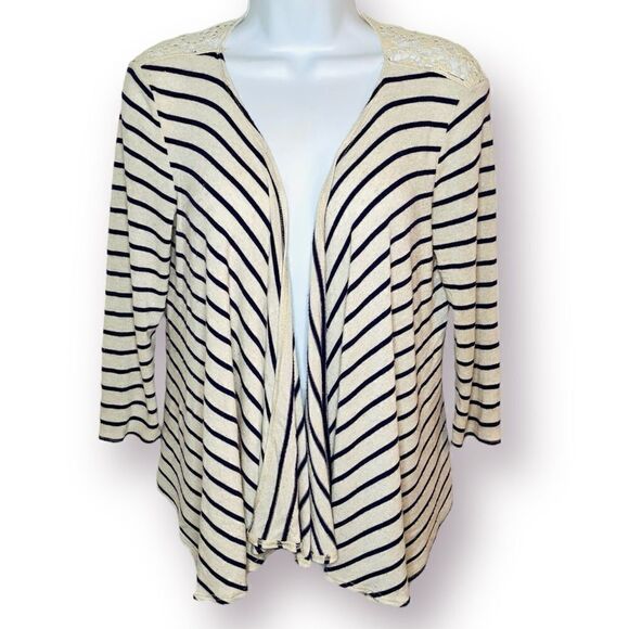 Delia’s Purple Stripe Lace Shoulder Open Front Drapey Knit Cardigan Cream S - Picture 1 of 11